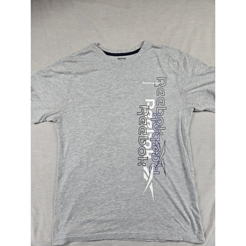 Reebok Mens Heather Gray Vertical Stacked Logo Graphic T-Shirt Size Medium